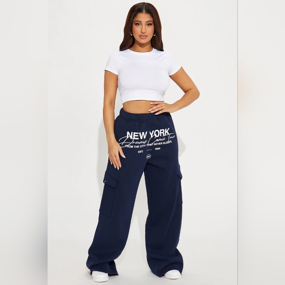 Fashion Nova Pants - Fashion Nova New York Navy Cargo Women's Pants with White Graphic Size M NWT